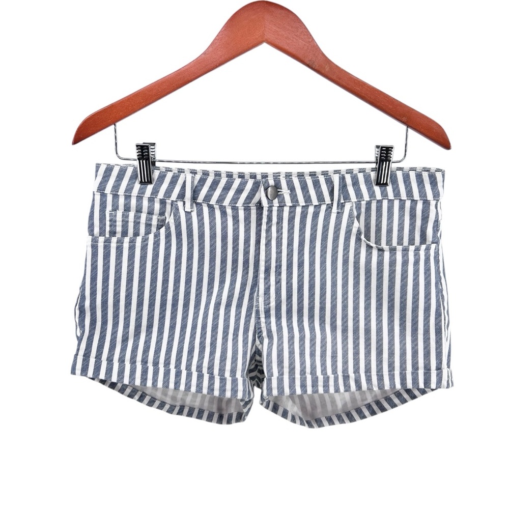 H&M Twill Cuffed Shorts Sz 10 Stretch Slate Blue White Stripes Nautical Preppy